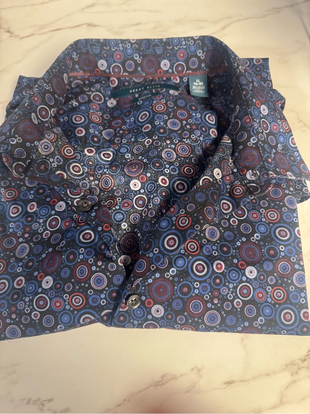 Perry Ellis Navy Blue Multicolor Circular Print Button-Down Shirt